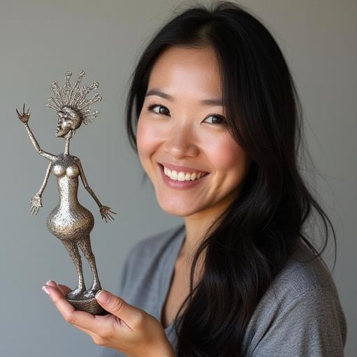 Porträt von Sarah Chen, Metallbildhauerin, die neben einer filigranen Skulptur lächelnd steht.