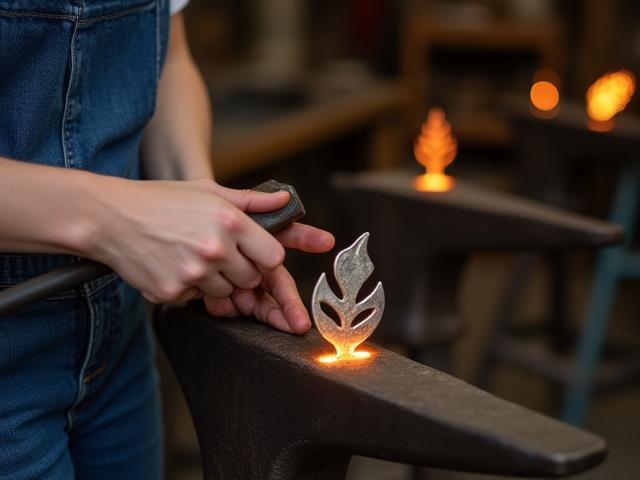 Metallkunstkurs für Einsteigerinnen und Einsteiger: Eine Teilnehmerin hämmert ein dekoratives Metallblatt