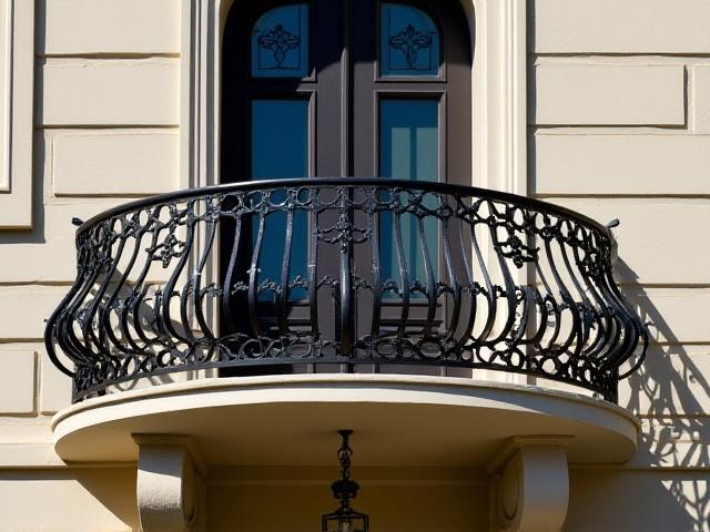 Verziertes schwarzes Schmiedeeisen-Balkongeländer an einer Fassade