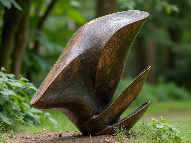 Abstrakte Metallskulptur mit gealterter Patina im Außenbereich