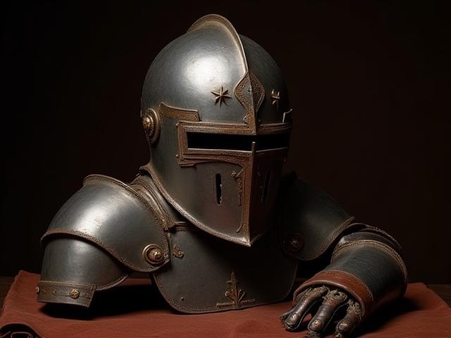 Detailgetreue Replik eines mittelalterlichen Ritterhelms und Handschuhs